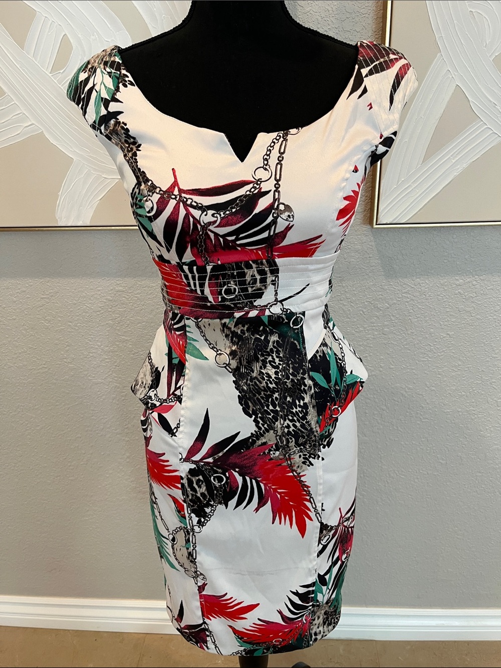 XOXO White Midi Dress with Red, Green & Black Tropical Print